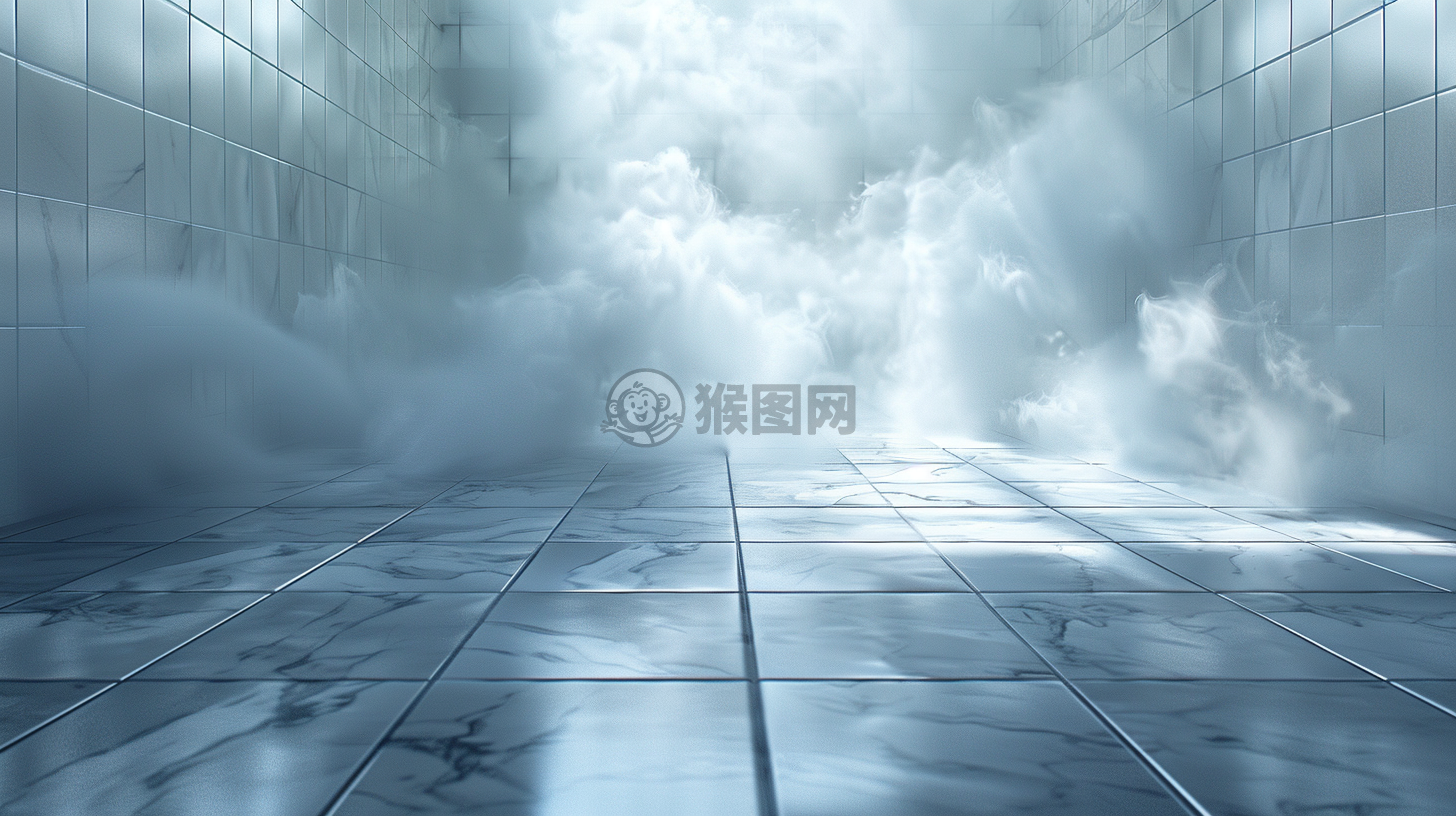 雾中白瓷砖房间的神秘氛围