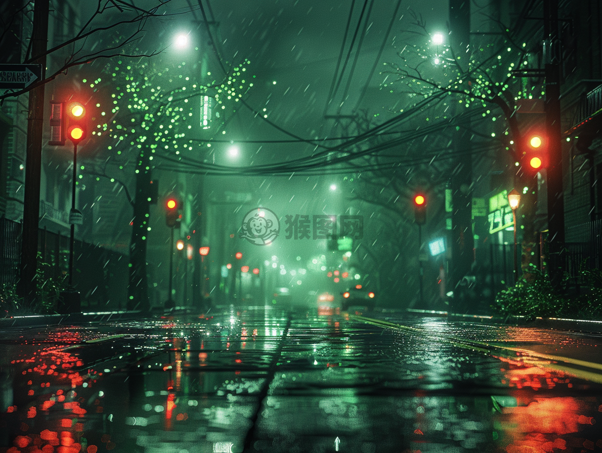 夜色街头，无车行驶，绿色调渲染，运用虚幻引擎物理引擎。