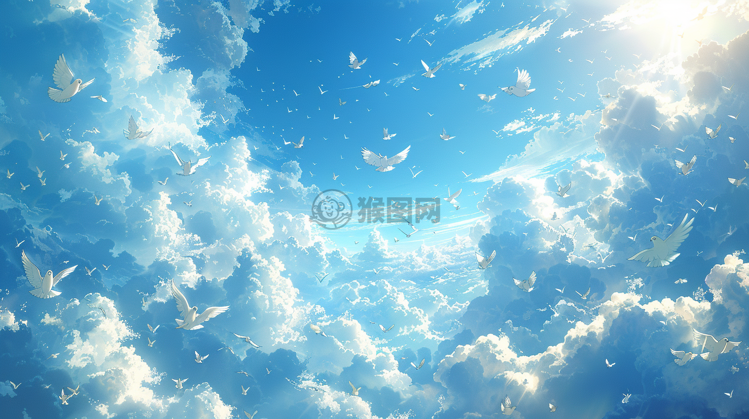 白鸽飞舞蓝天白云间，动画背景呈现生动场景。