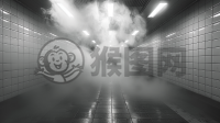 白色瓷砖房中雾气缭绕，描绘神秘静谧之境。