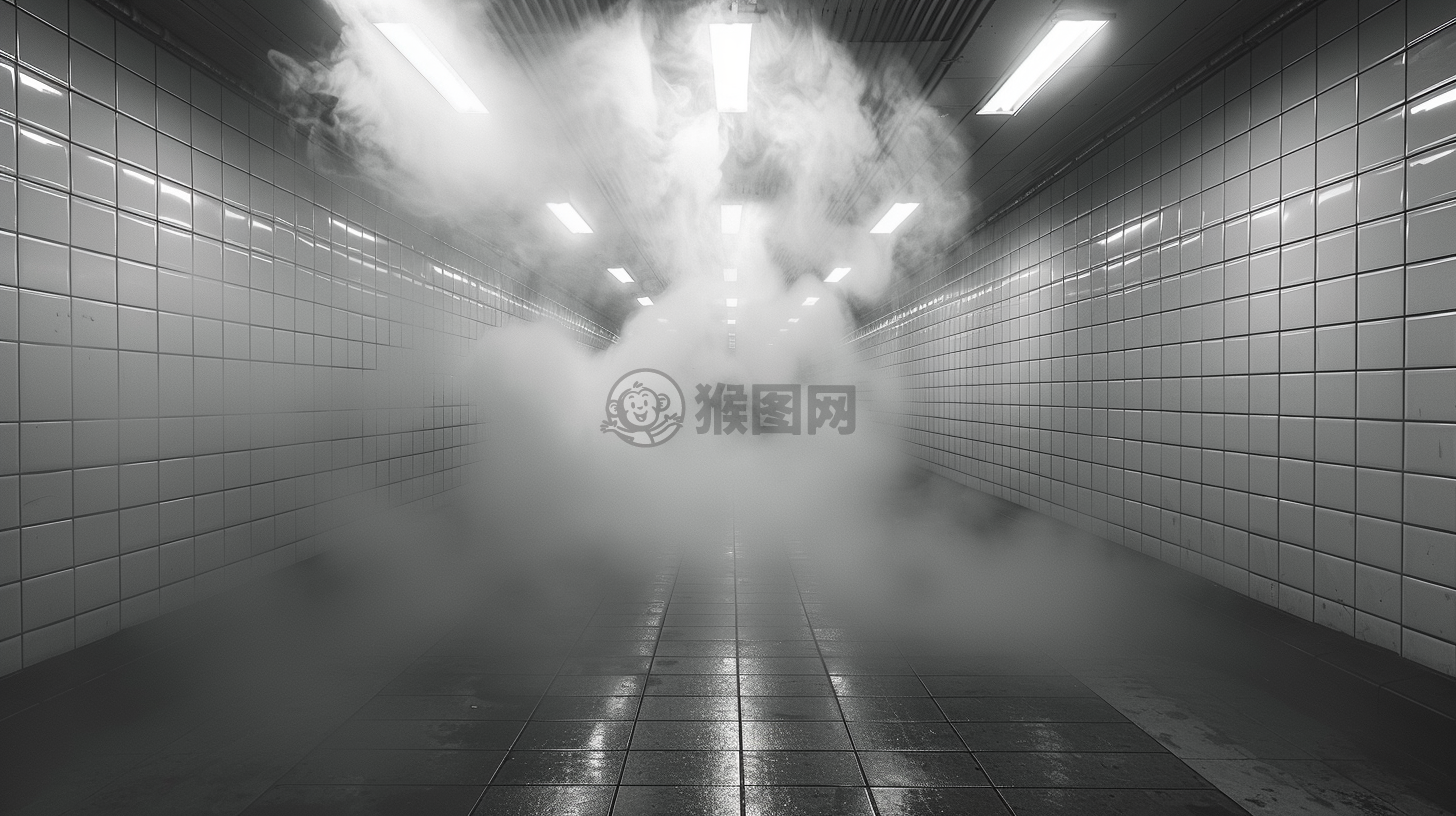 白色瓷砖房中雾气缭绕，描绘神秘静谧之境。