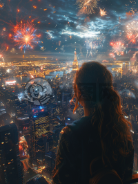 梦幻天空绽放之火，少女笑容与现代高楼交相辉映。