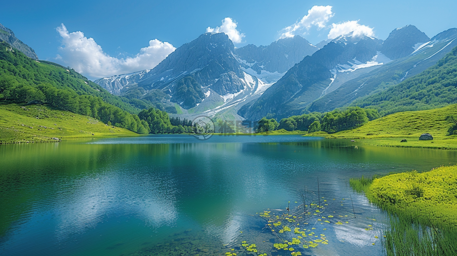 高原湖泊映群山，草甸如毯映日辉