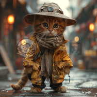 夏日城市街头猫咪穿衣漫步壁纸