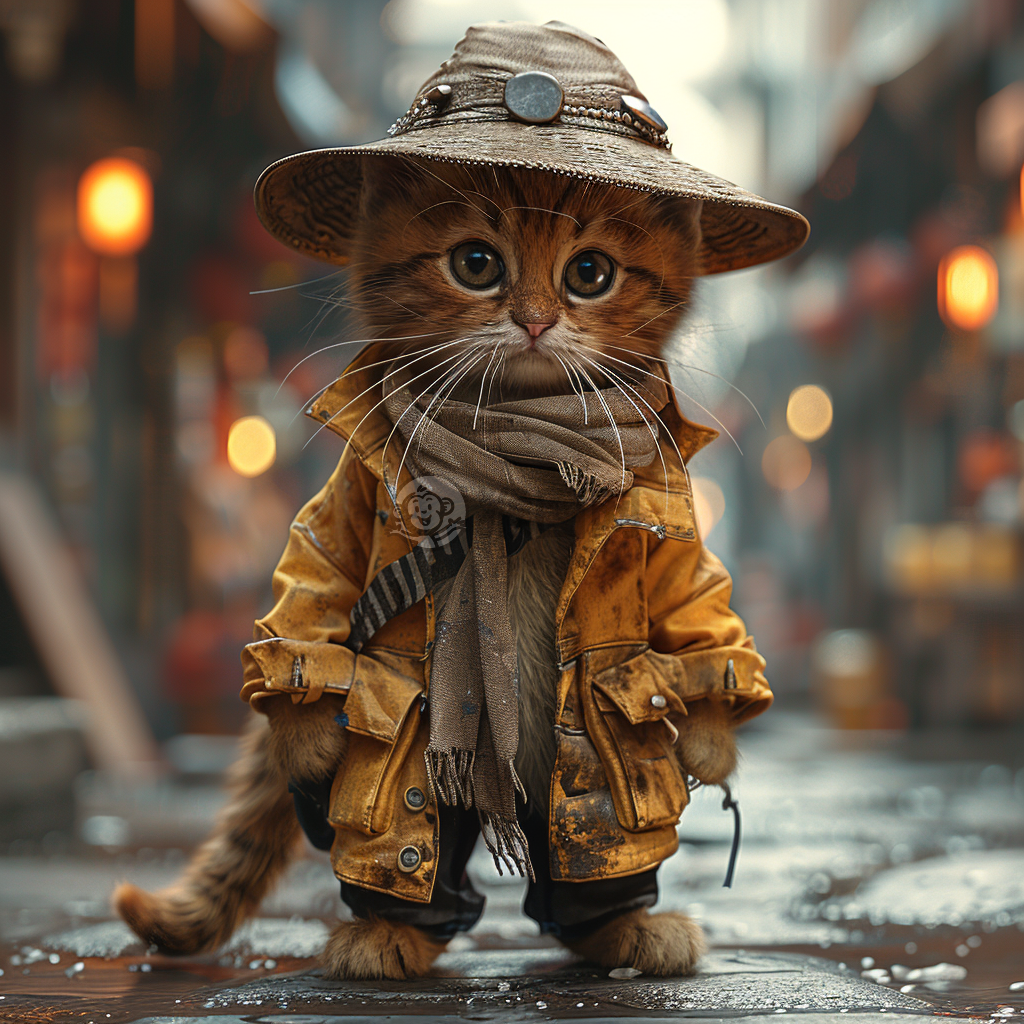 夏日城市街头猫咪穿衣漫步壁纸