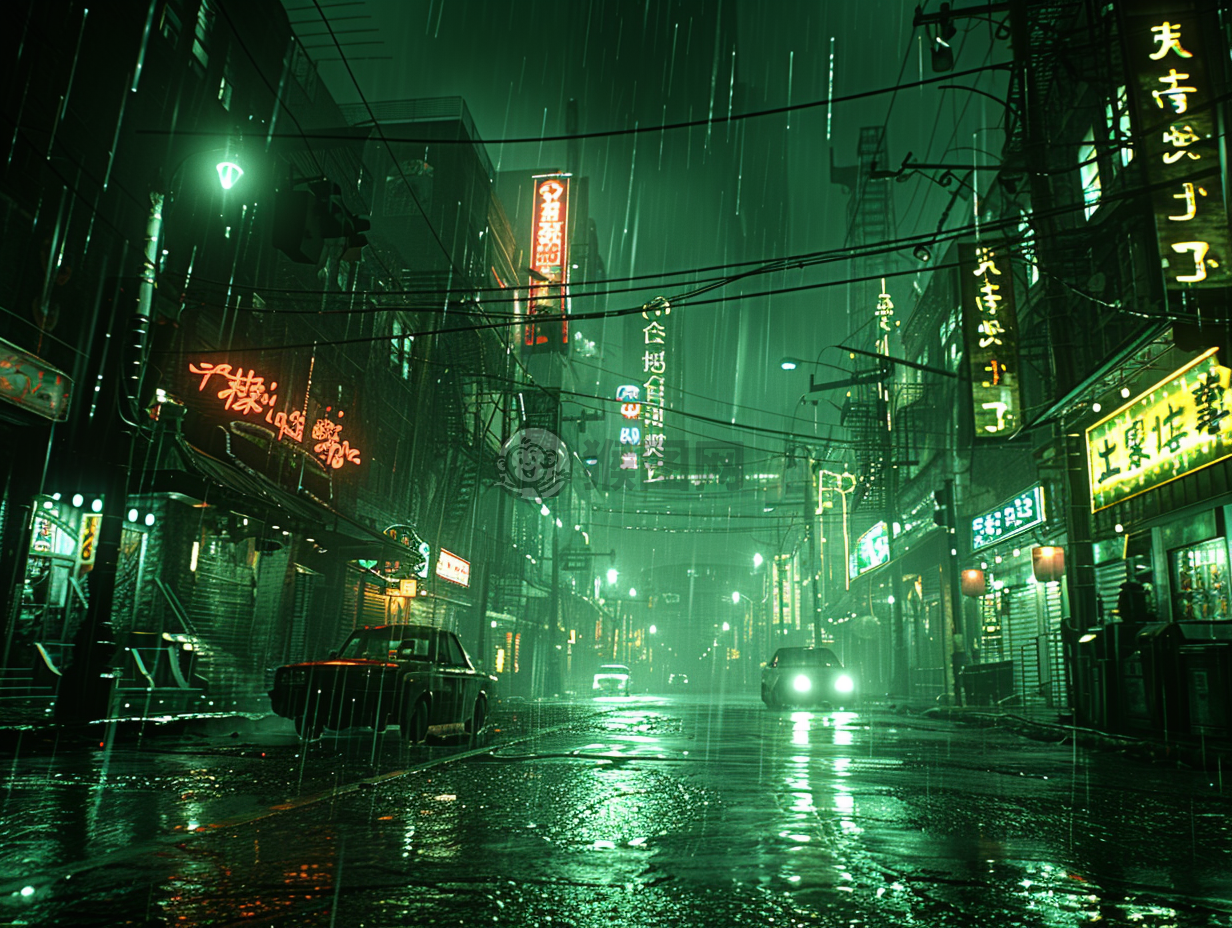 夜色街头，无车独行，绿色调渲染，虚幻引擎物理引擎再现。