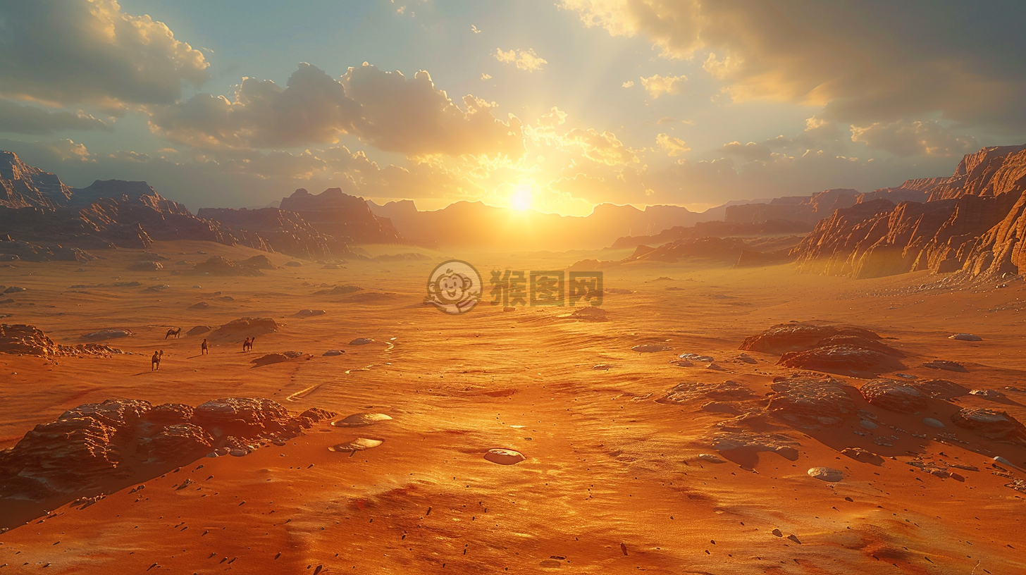荒漠烈日图 沙漠之中，烈日炎炎，驼影隐现，焦土似火。