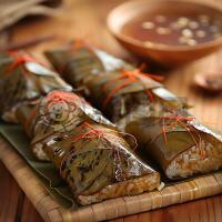 粽子是中国的传统食品，用米饭和咸鸭蛋包裹在叶片中，形成三角形状。茶或咖啡中品尝非常美味。这种真实的风格拍摄的照片具有干净背景和高分辨率和细节。粽子的传统美，