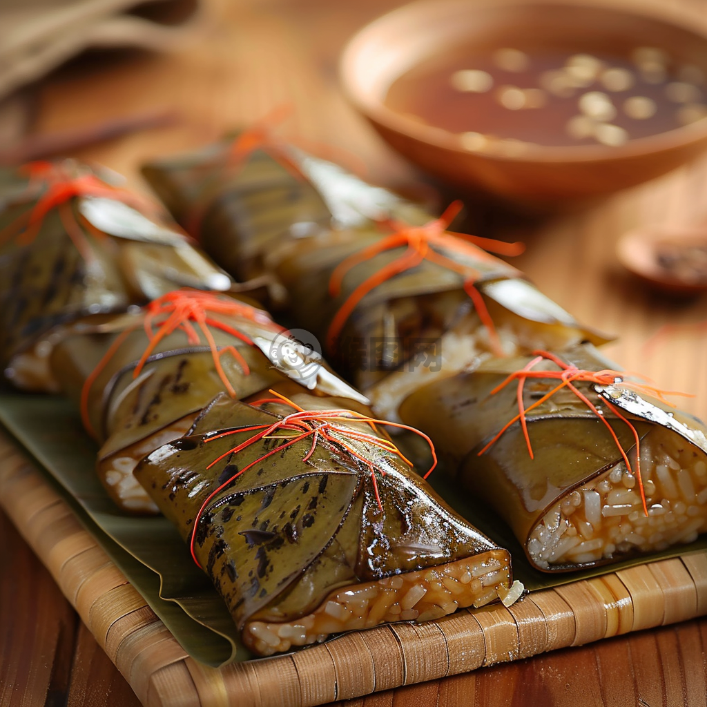 粽子是中国的传统食品，用米饭和咸鸭蛋包裹在叶片中，形成三角形状。茶或咖啡中品尝非常美味。这种真实的风格拍摄的照片具有干净背景和高分辨率和细节。粽子的传统美，