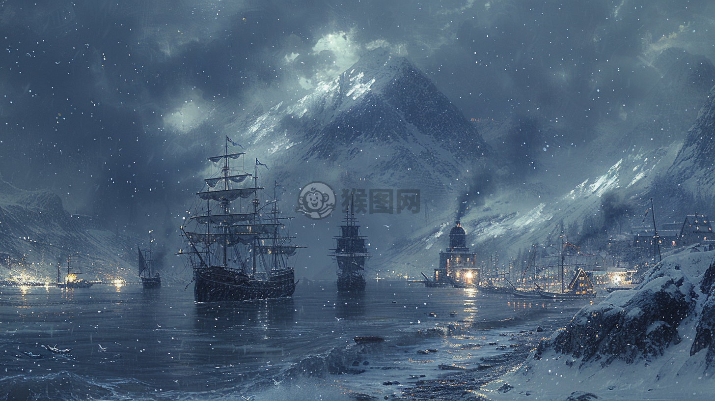 冬夜港口奇幻绘
