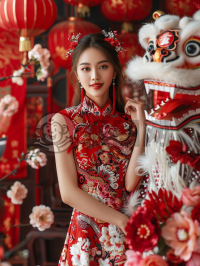中国新春花裙少女欢腾