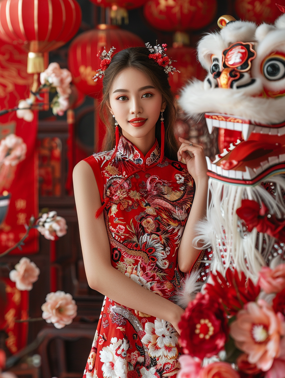 中国新春花裙少女欢腾