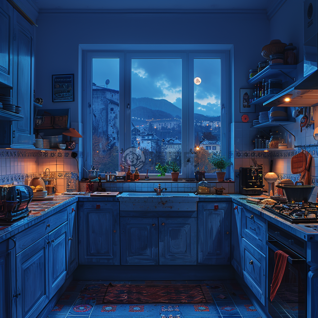 惊悚夜色厨房间落寞画