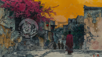 和谐漫步街头，童趣满画，色彩鲜艳，画面宽广。