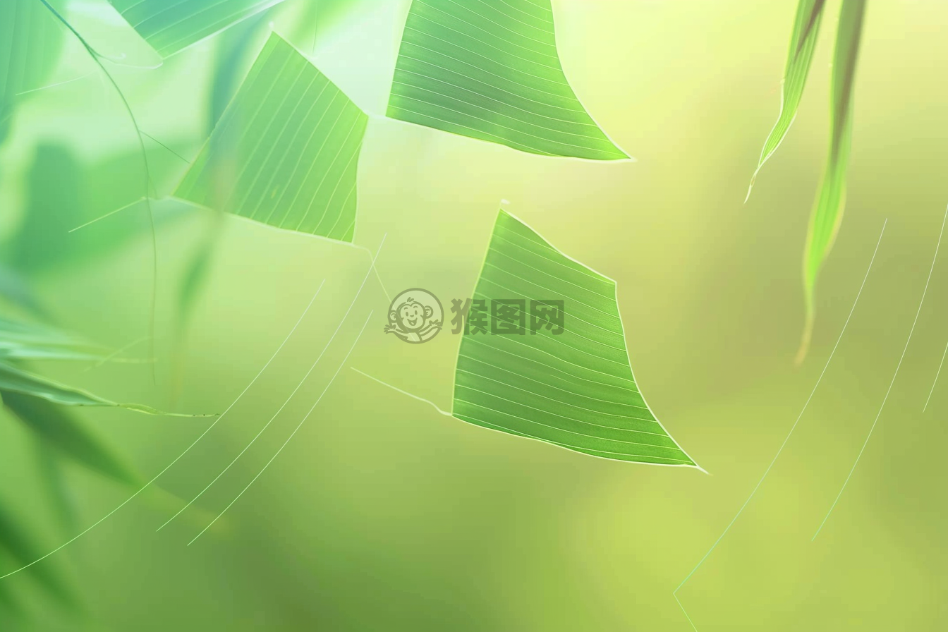 清新绿渐变背景，上方左侧三三角粽子抽象线条与平面图，柔和光影与淡前景，明亮色彩营造欢快氛围，背景几何图案干净整洁，整体营造宁静氛围。