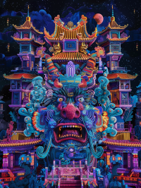3D刺绣艺术插图：一款复杂华丽的中国风设计，适合制作海报，设计以黑色背景为主，中央带有中国风格框，留白部分风格为Michael Page、郭培、有趣而黑暗、复古风格设计、Hans Thoma、剪贴簿、平面、限制性阴影等风格相结合，比例为3:4，混沌度为10，色彩为100色。中国风海报设计：黑暗而有趣。