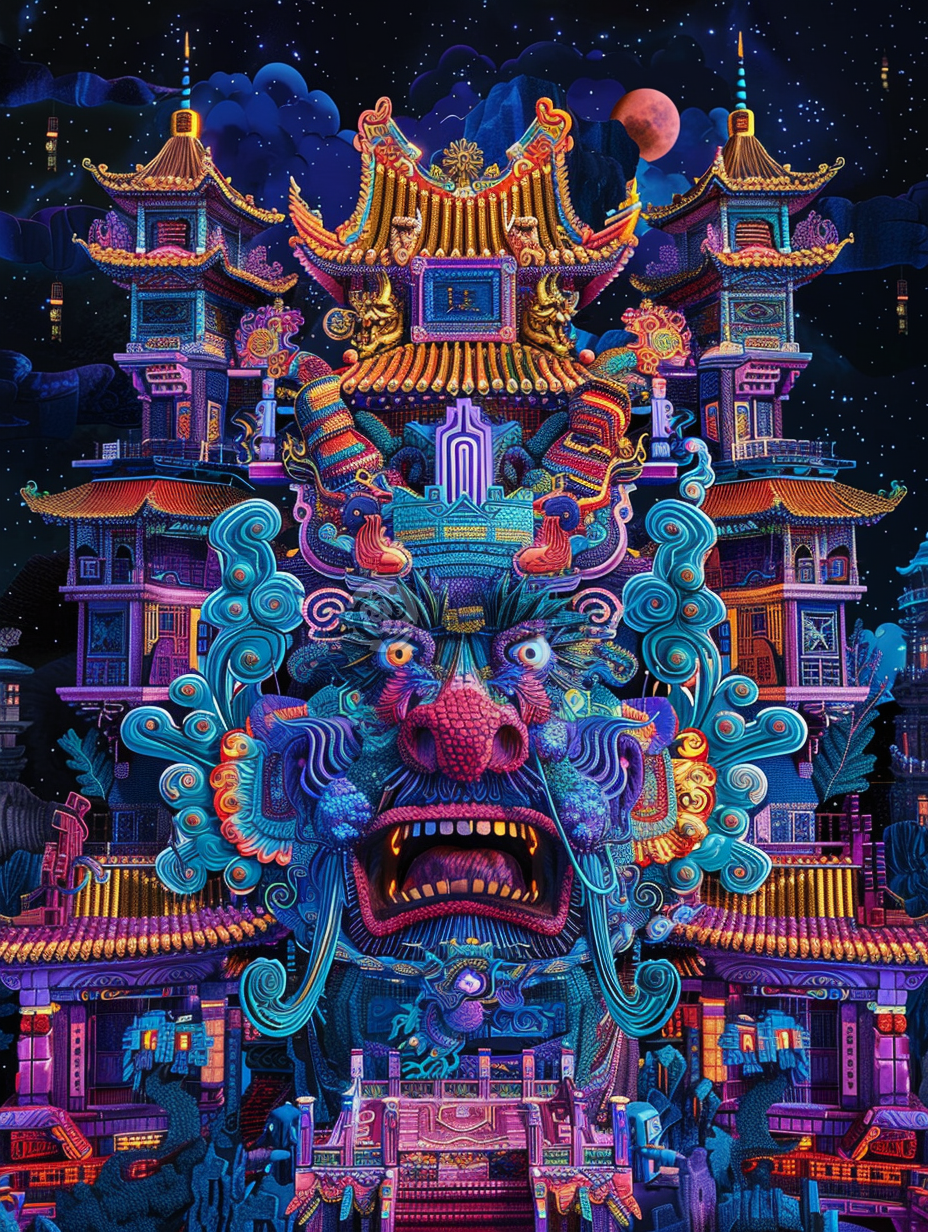 3D刺绣艺术插图：一款复杂华丽的中国风设计，适合制作海报，设计以黑色背景为主，中央带有中国风格框，留白部分风格为Michael Page、郭培、有趣而黑暗、复古风格设计、Hans Thoma、剪贴簿、平面、限制性阴影等风格相结合，比例为3:4，混沌度为10，色彩为100色。中国风海报设计：黑暗而有趣。