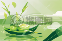 端午节快乐！绿色背景，抽象的龙舟和粽子在绿色的叶子中漂浮。