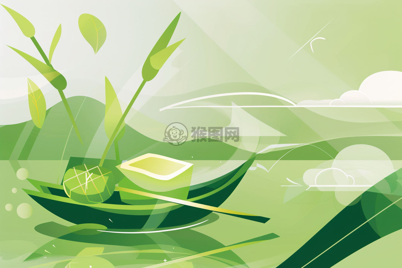 端午节快乐！绿色背景，抽象的龙舟和粽子在绿色的叶子中漂浮。