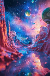 宇宙星球飞船：蓝色、粉红与绿色交织的壮观画面