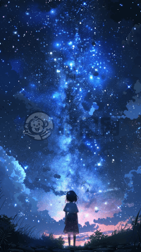 梦幻星空治愈壁纸，夜空下的宁静女孩