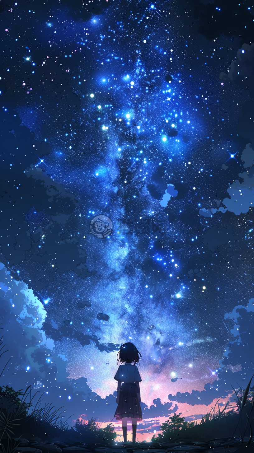 梦幻星空治愈壁纸，夜空下的宁静女孩
