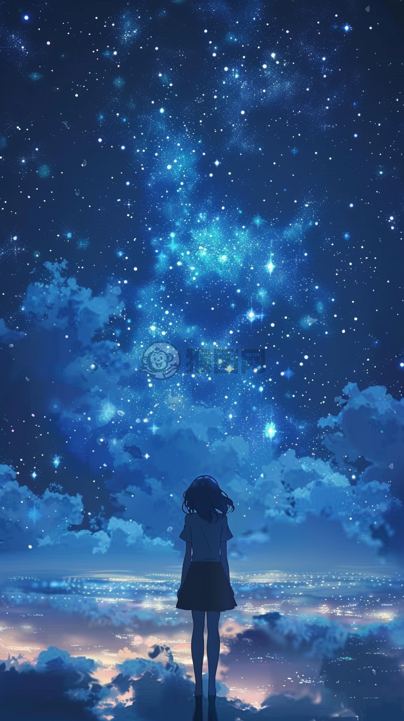 宁静夜空下的少女，仰望繁星