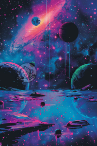 宇宙星球飞船，蓝色，粉色，绿色环绕。