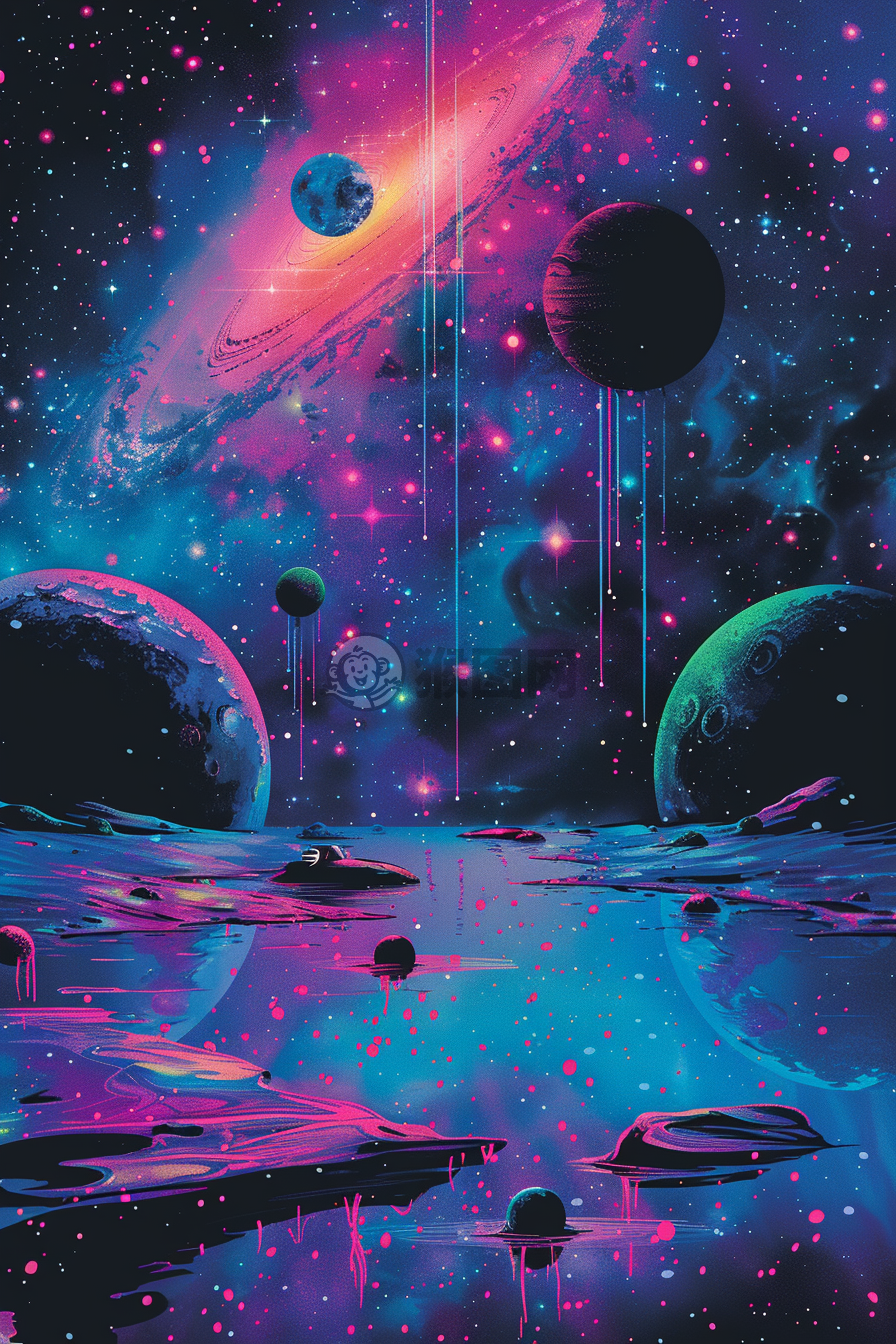 宇宙星球飞船，蓝色，粉色，绿色环绕。