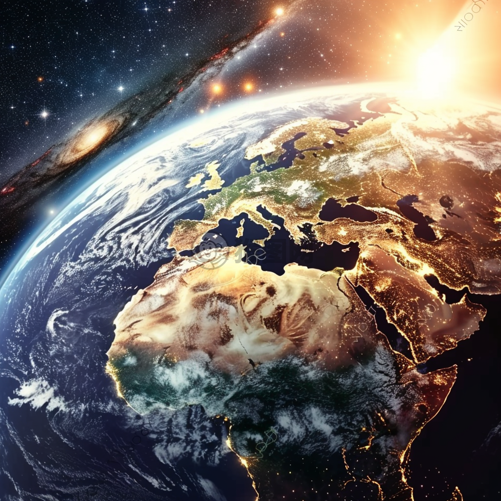 行星地球与太阳：地球整体呈现在眼前，周围群星闪耀，一目了然。