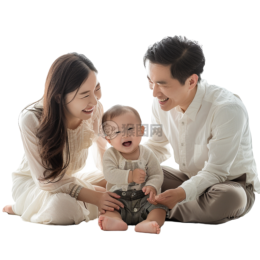 幸福一家在白色背景中快乐玩耍
