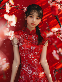 中国新年节气下盛装少女动漫风格花饰摄影。
