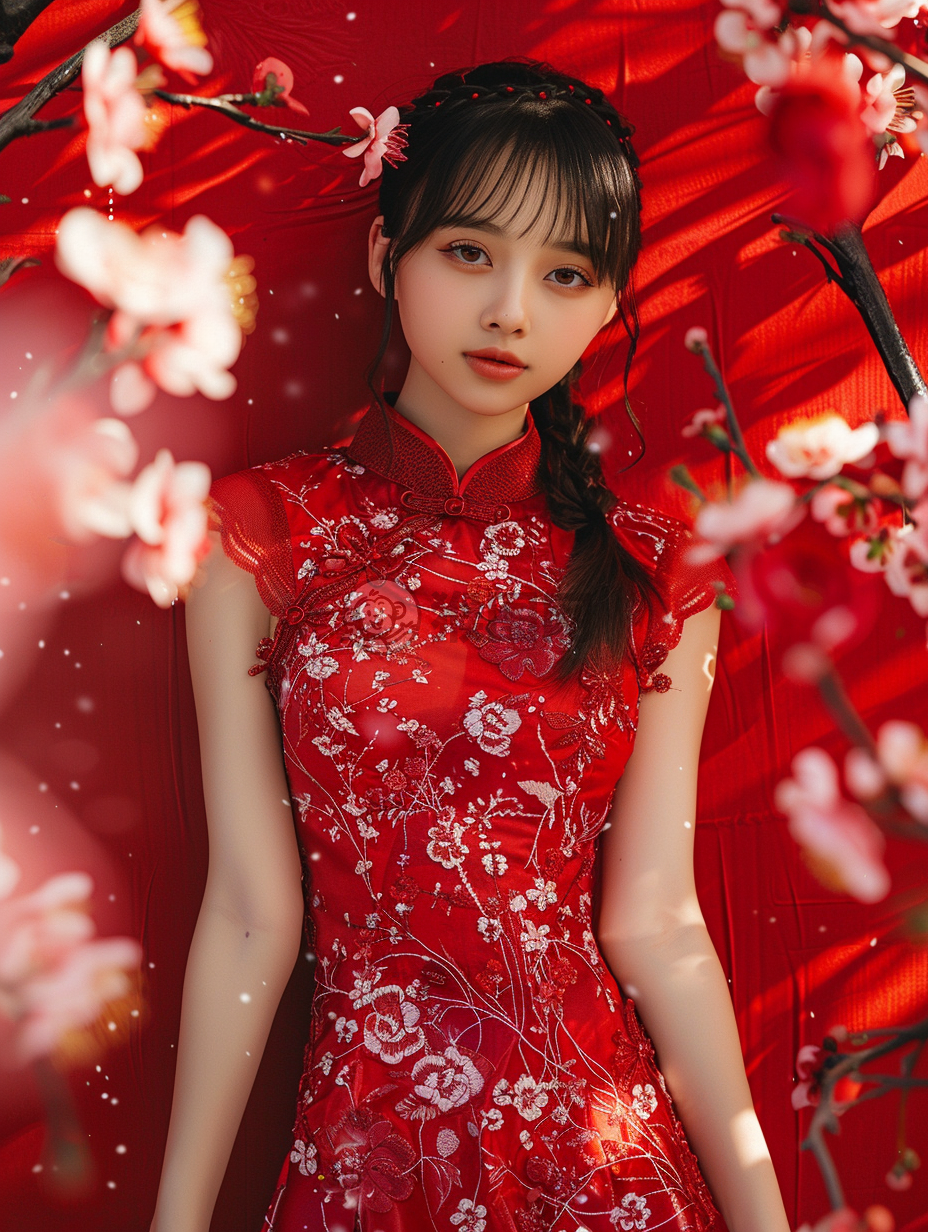 中国新年节气下盛装少女动漫风格花饰摄影。
