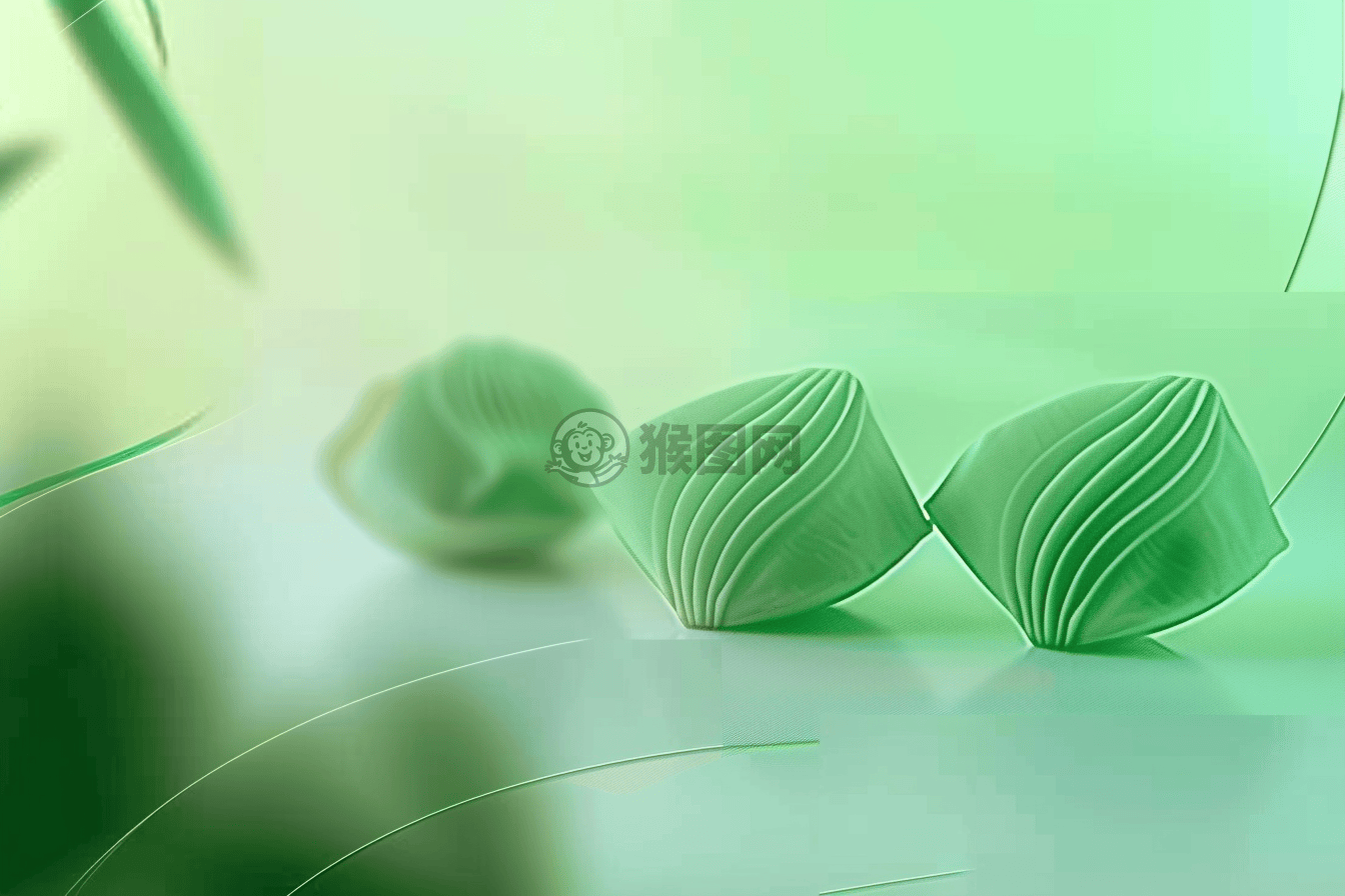 清新绿渐变背景，加入光影效果，上方左角有三串抽象三角粽，以简洁几何图形填充背景，整体气氛愉快轻松。