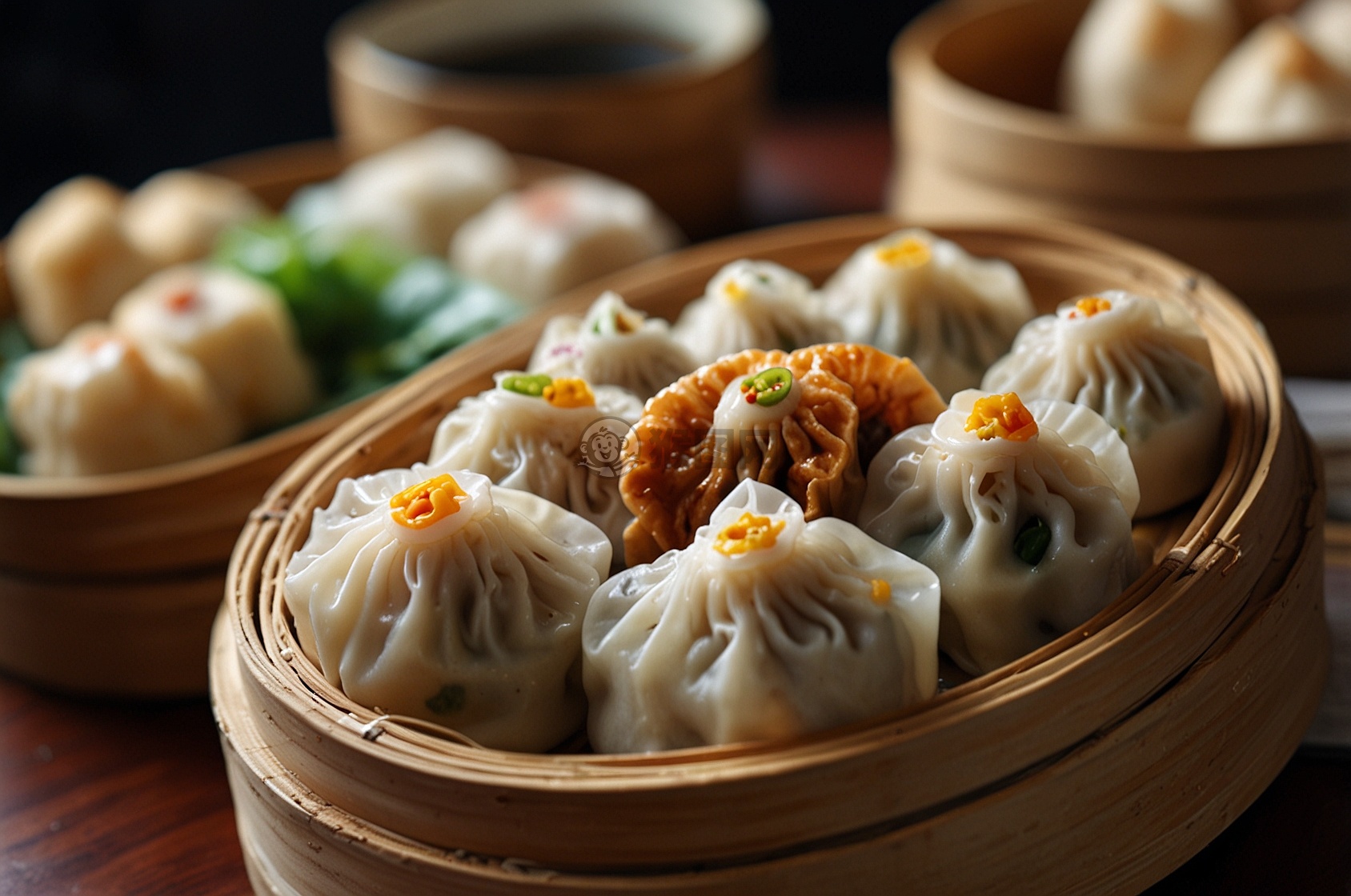 粤式点心艺术：多层组合、空中视角、紧密构图、包裹艺术、韩流文化、ISO 200、弯曲木材质的魅力