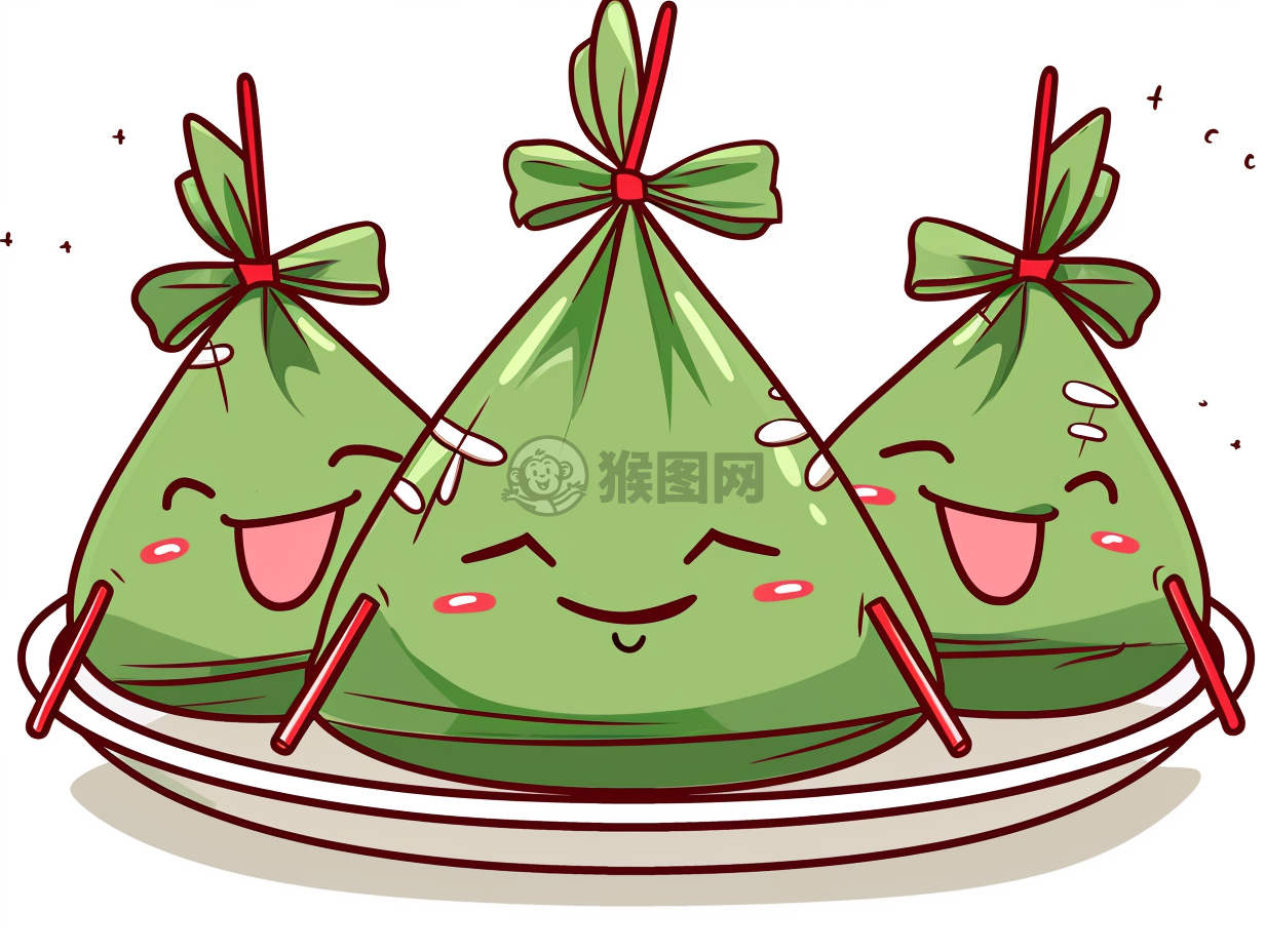 卡通粽子卡通风格，白色背景矢量插图，绿色粽子配红色丝带，传统食品文化增添乐趣