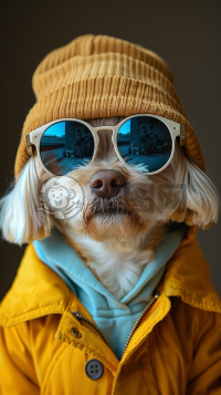 美国柯基犬在简约现代环境中佩戴透明雷朋墨镜的时尚肖像