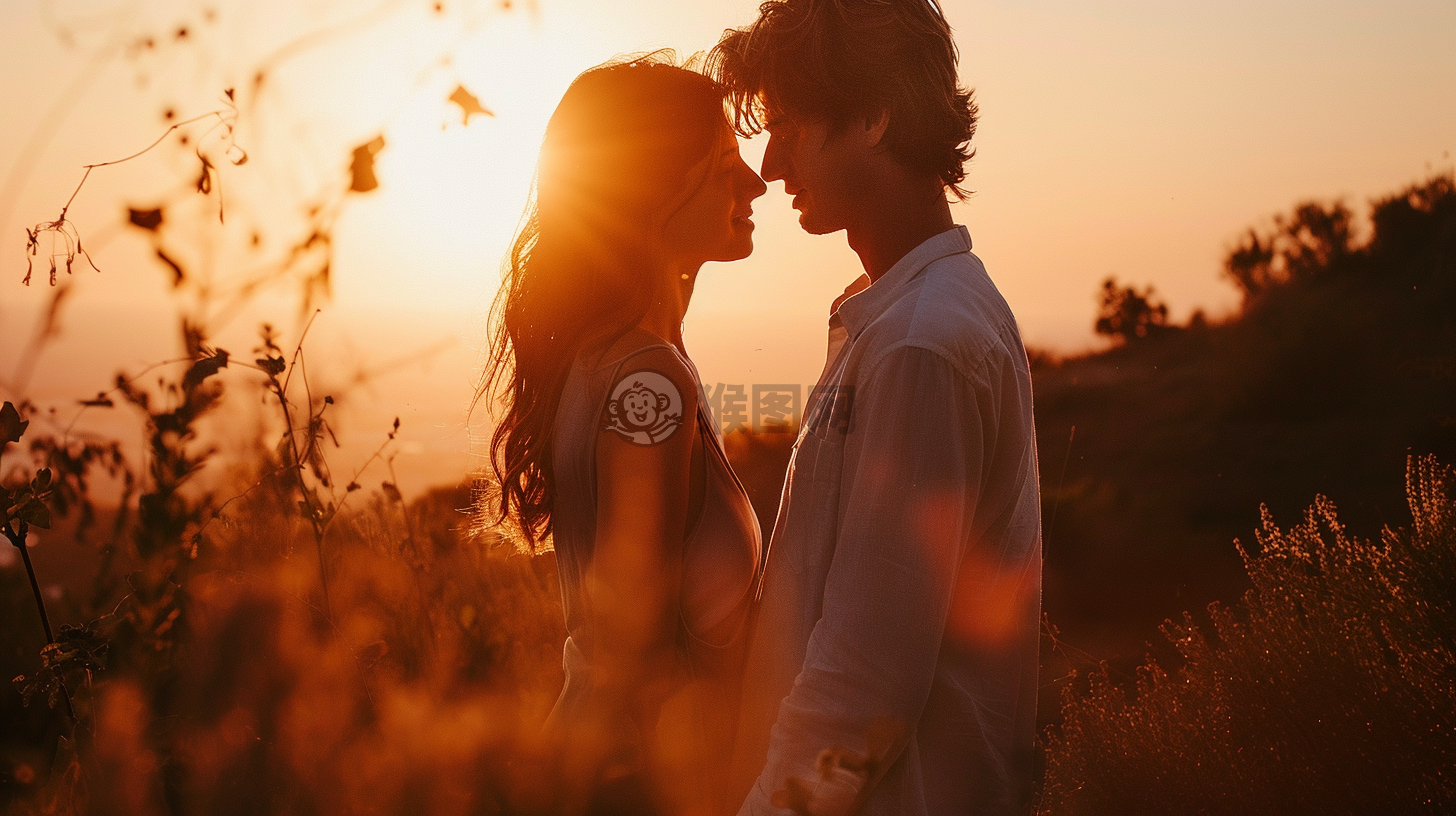 夕阳下，情侣甜蜜拥抱，唯美画面