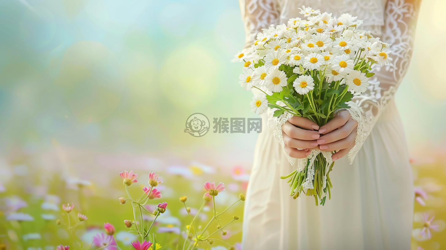 阳光下轻抚花束的轻纱袖手和平静美丽背景下的自然之美