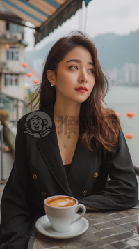 现代女性在阳台上喝咖啡看湖景