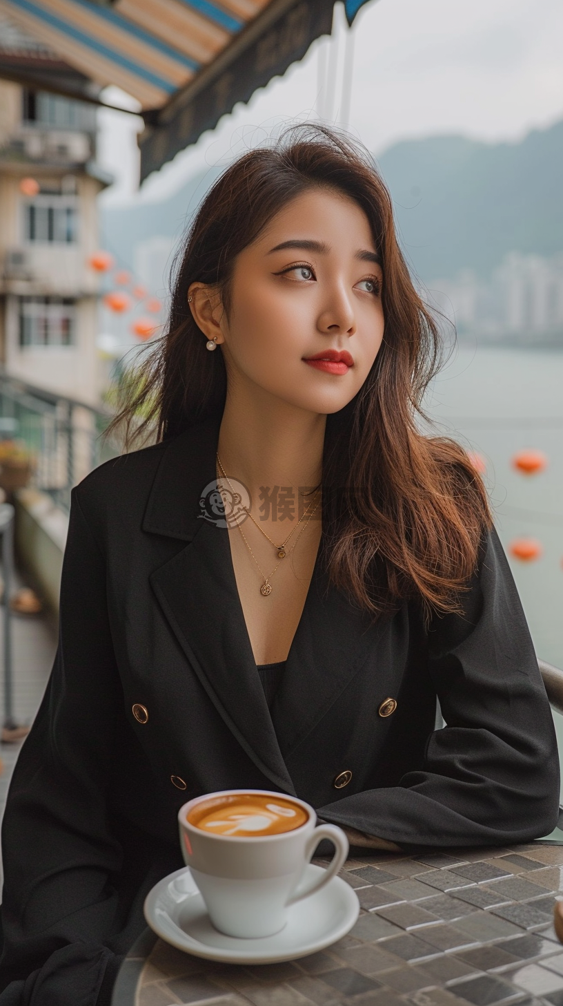 现代女性在阳台上喝咖啡看湖景