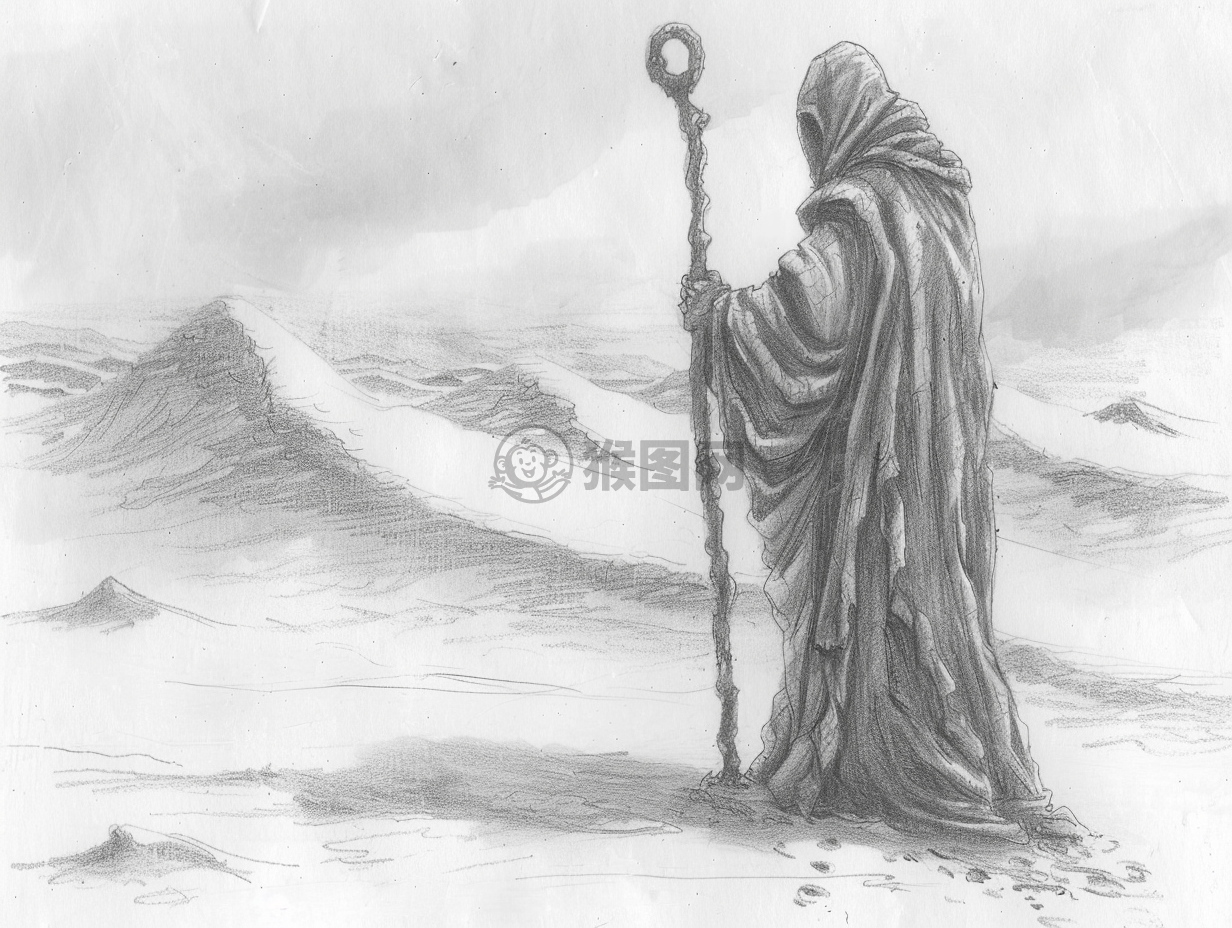 灰袍僧人沙漠行，手持法杖显神威。