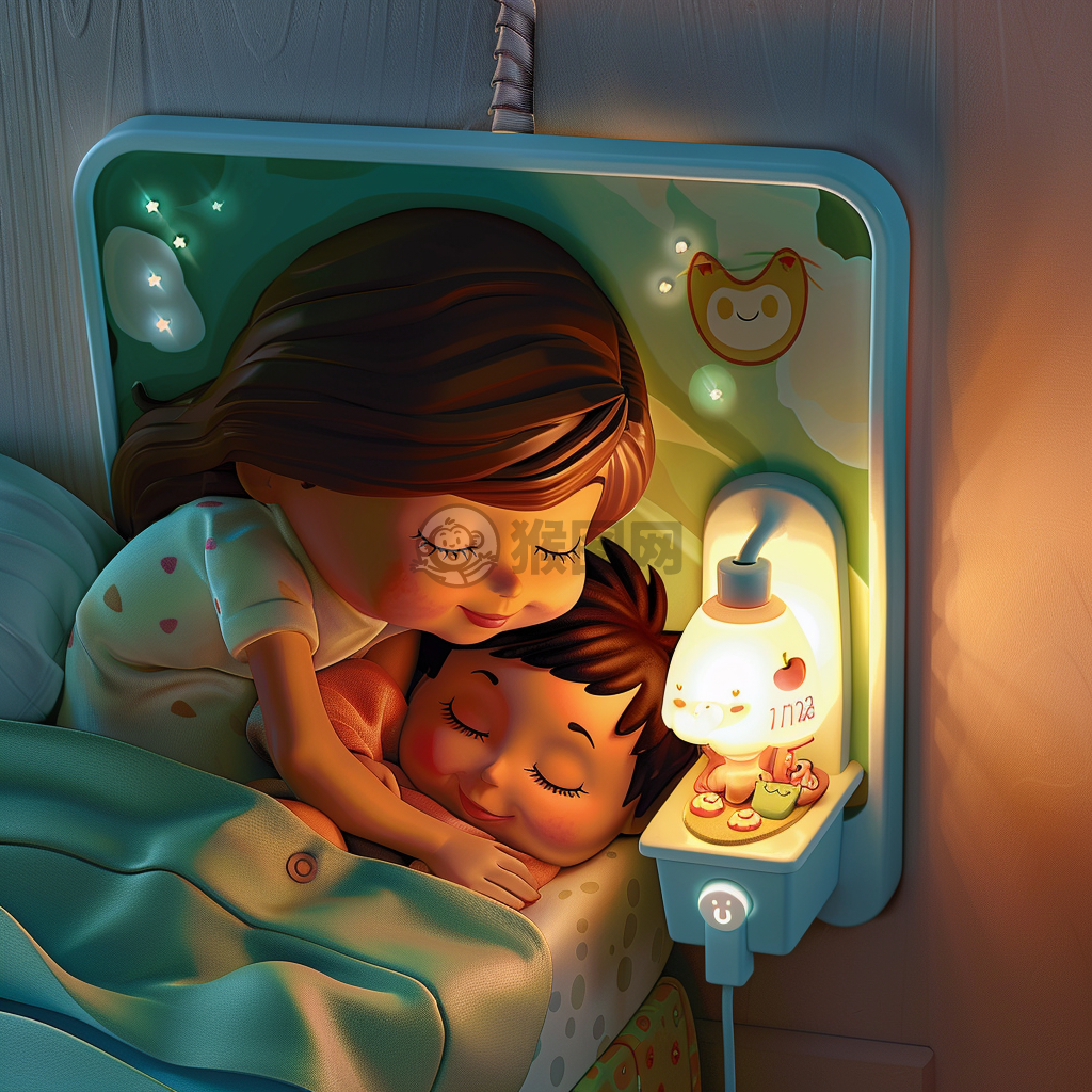 深夜小夜灯，母子共眠温馨美。
