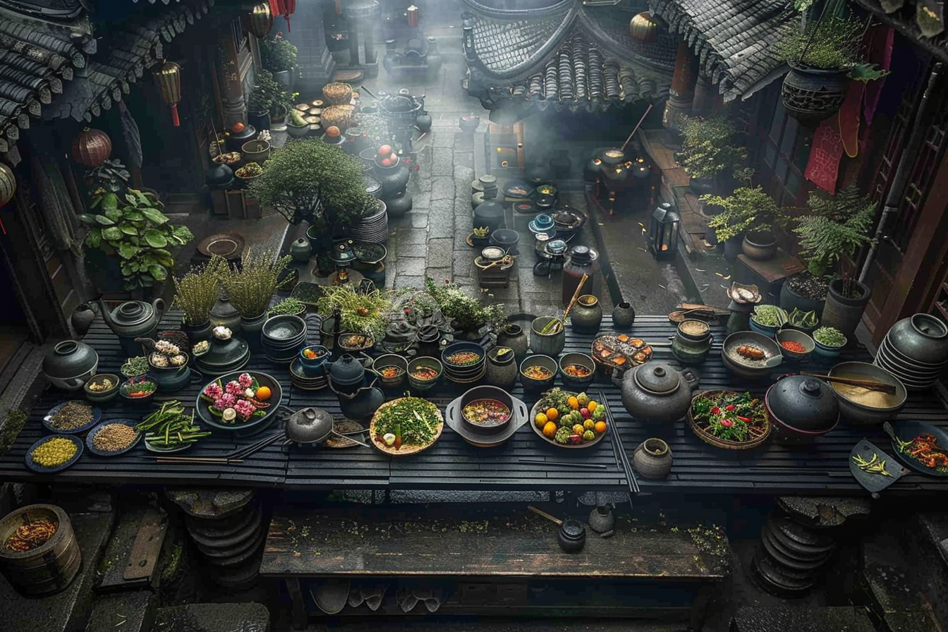 粤式点心艺术之旅：空中视角下的精致组合，紧密构图，包裹艺术，韩流文化，ISO 200高感度，弯曲木艺术比例3:2，快门速度200，混乱30的魅力。