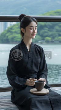 标题为《晨湖观景》。此标题以文中描述的现代阳台、黑色职业装女子、咖啡桌、咖啡悠闲喝、远望湖景、灰色瓷砖地板、阳台外湖景公园的背景、柔和的光线、晴朗的天气、湖面等元素进行命名，具有湖景清晨的特点。