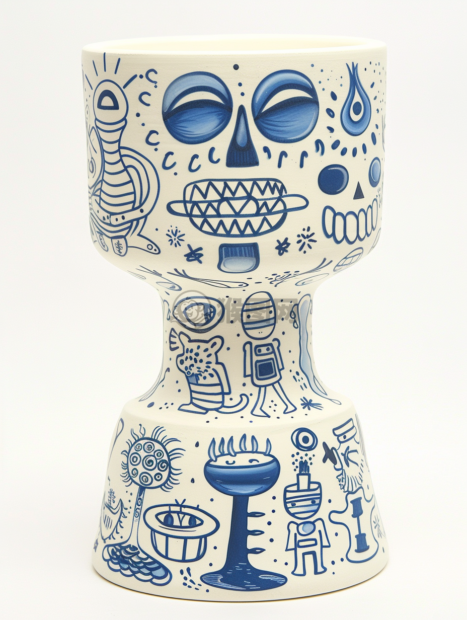 纽约艺术展中的希迪·萨哈花瓶：黄思林作品，涂鸦风格，厚颜料，白蓝相间，染料转移，宁静对称