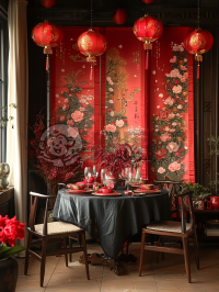 小公寓龙年雅致餐区布置：龙主题圆桌，红色金色点缀，中式灯笼，挂画龙形，精致高雅，空间利用巧妙。