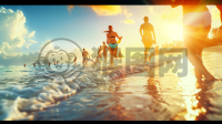 夏日海滩风光，游客戏水如画。