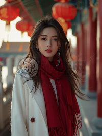 春节华灯照，白袍红巾女，故宫倩影美，街头景色秀。
