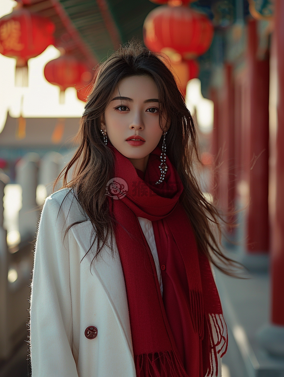 春节华灯照，白袍红巾女，故宫倩影美，街头景色秀。